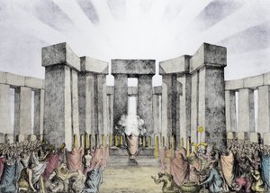 Druidák áldoznak a Napnak a Stonehenge nevű templomukban, Dr. Stukeley Stonehenge-tervéből az oxfordi Ashmolean Múzeumban, bevésve és kocsmában. a művésztől (később coloratio